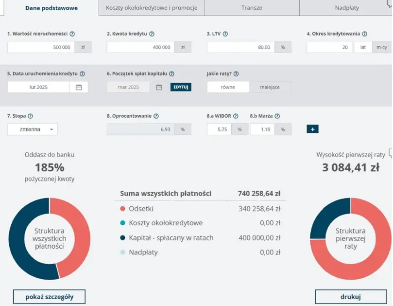 Screen z kalkulatora dostępnego w Kursie Hipotecznym 