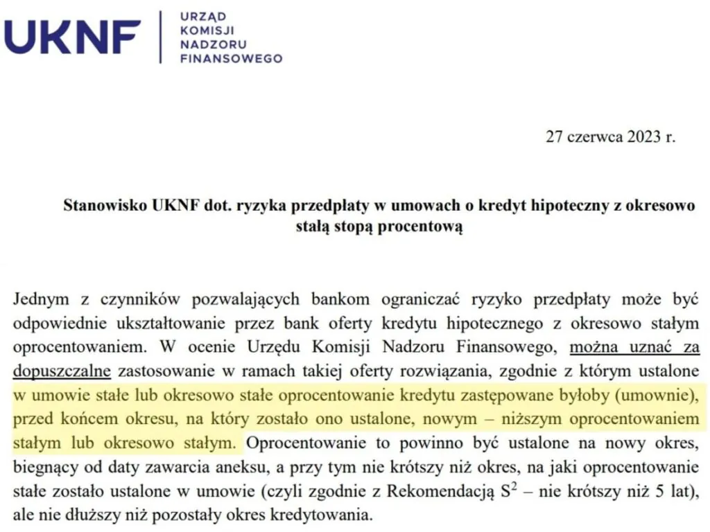 Stanowisko UKNF w sprawie przedpłaty w umowach o kredyt hipoteczny Stanowisko UKNF w sprawie przedpłaty w umowach o kredyt hipoteczny