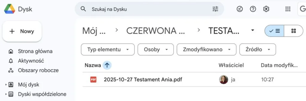 Testament w folderze google Testament w folderze google