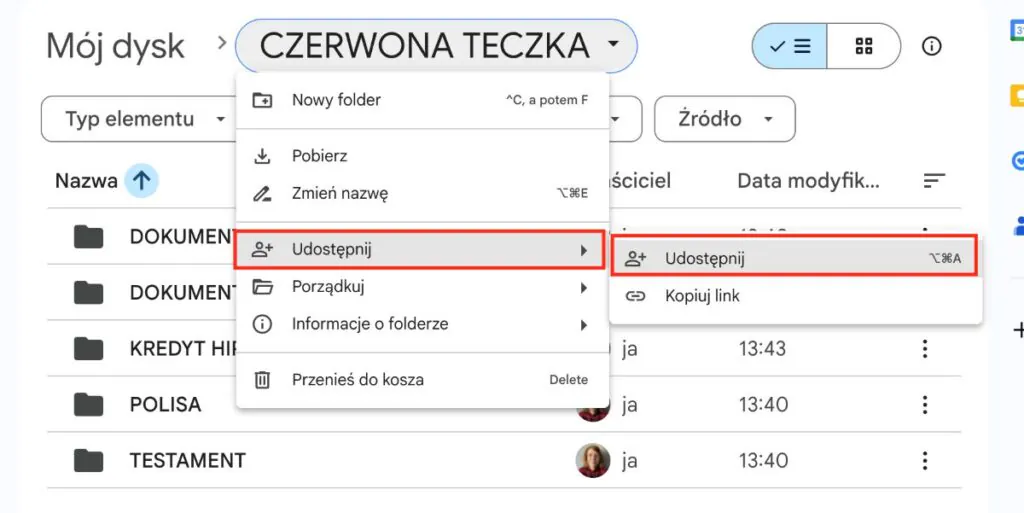 Udostępnienie folderu wybranej osobie upoważnionej Udostępnienie folderu wybranej osobie upoważnionej