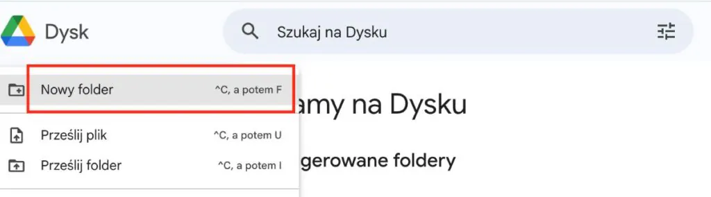 Tworzenie folderu czerwonej teczki w Google Drive