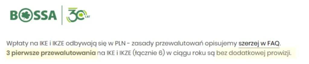 Informacja dot. prowizji za przewalutowanie na IKE, IKZE w Bossa
