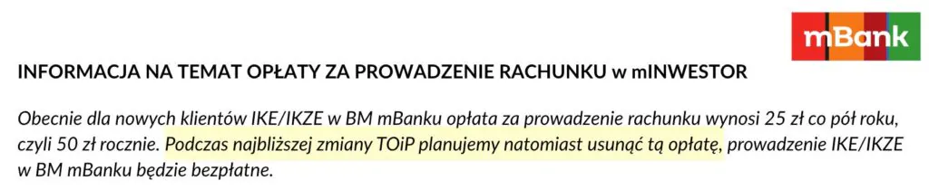 Informacja na temat opłaty za prowadzenie rachunku w mINWESTOR