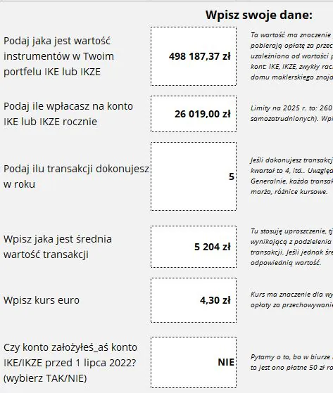 Kalkulator przy dużym portfelu i z małą ilością transakcji