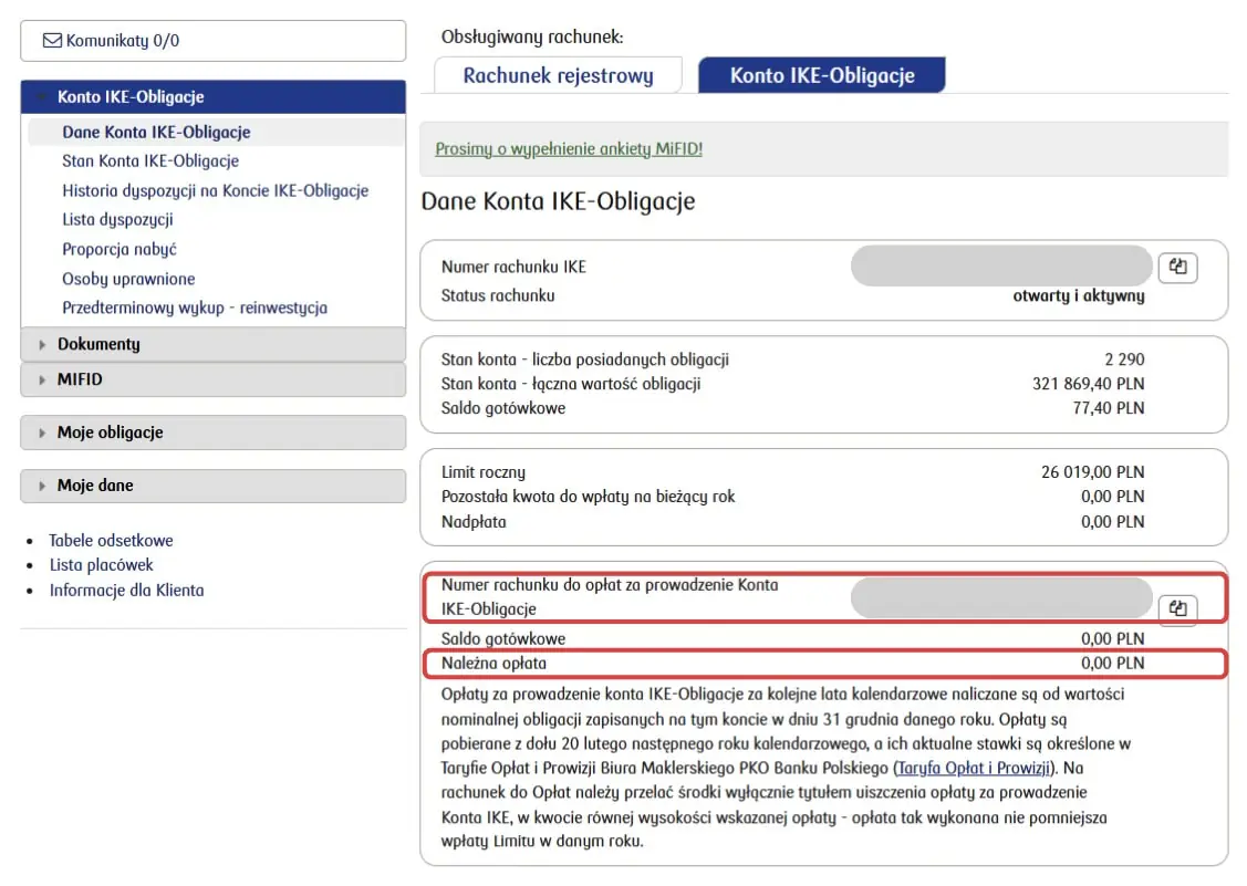 Numer konta do opłat za prowadzenie konta IKE Obligacje