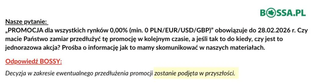 Odpowiedź Bossy na nasze pytanie o przedłużeniu promocji