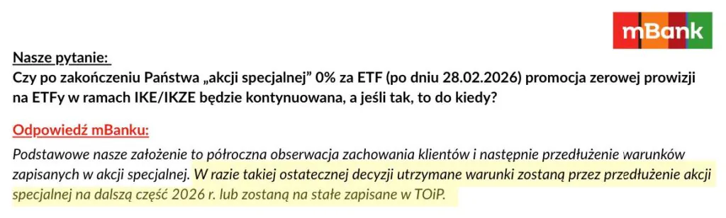 Odpowiedź mBanku na nasze pytanie dot. promocji na 0% prowizji.