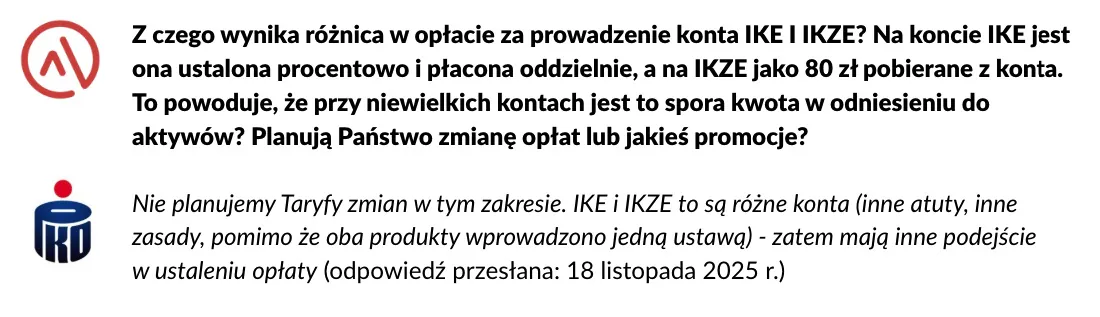 Odpowiedź PKO na nasze pytanie o różnice opłat za prowadzenie konta IKE i IKZE