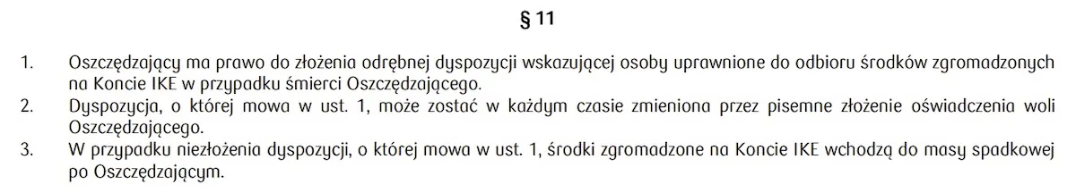 Umowa o IKE Odrębna dyspozycja wskazująca osoby uprawnione do odbioru środków