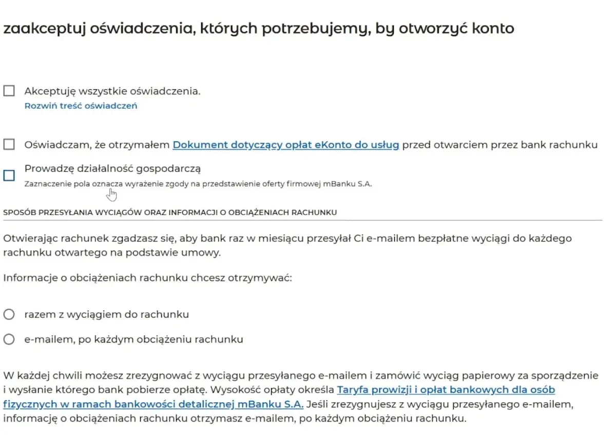 Akceptacja oświadczeń potrzebnych do utworzenia konta mBank Akceptacja oświadczeń potrzebnych do utworzenia konta mBank