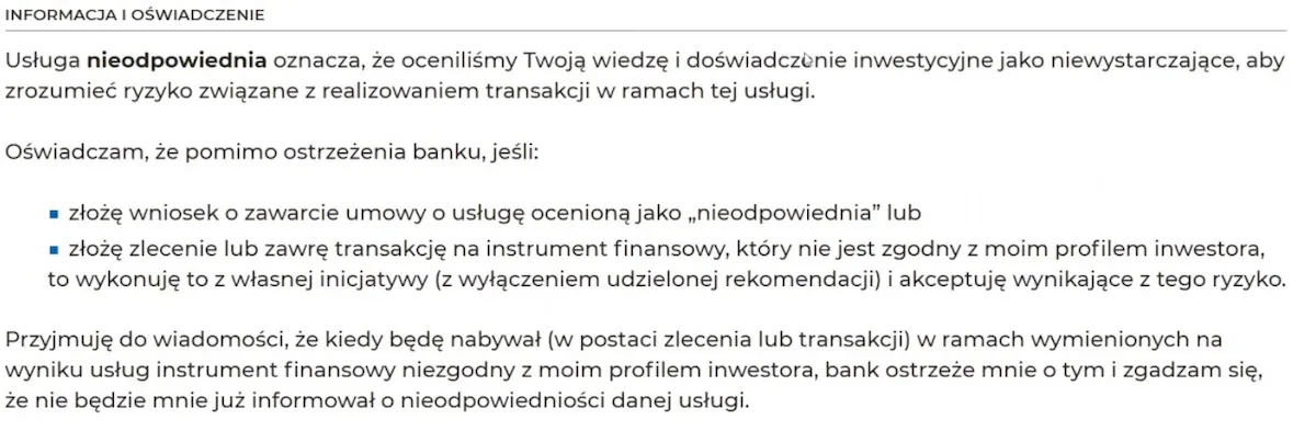 Oświadczenie pod negatywnym wynikiem ankiety MiFID Oświadczenie pod negatywnym wynikiem ankiety MiFID