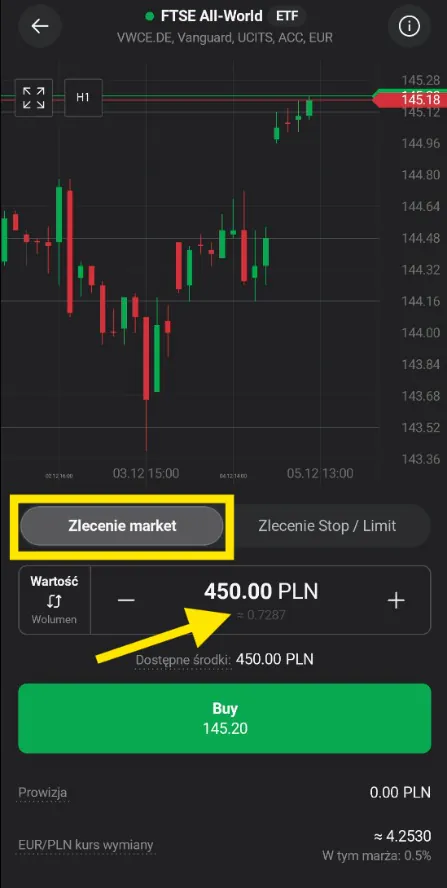 Zlecenie market w aplikacji XTB