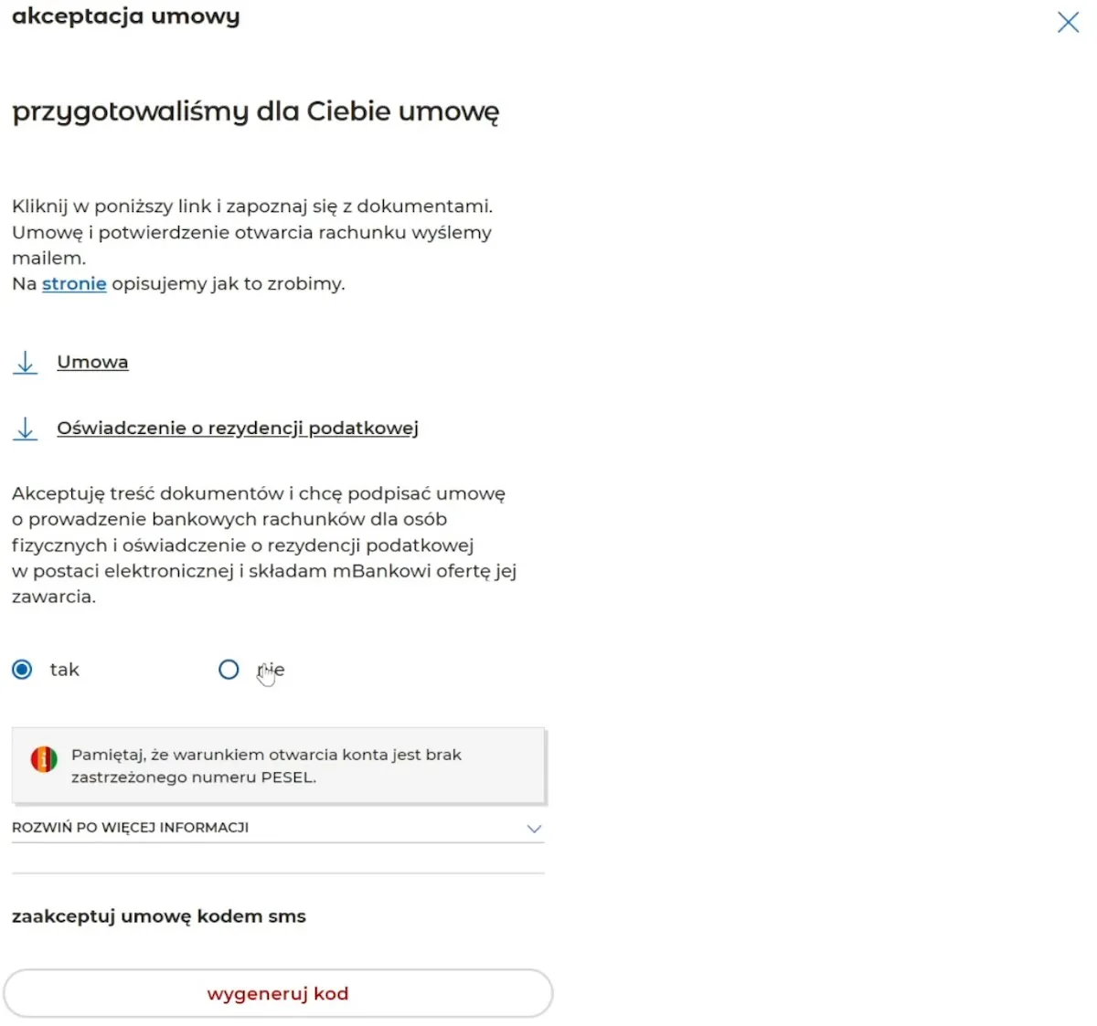 Przygotowana umowa od mBank Przygotowana umowa od mBank