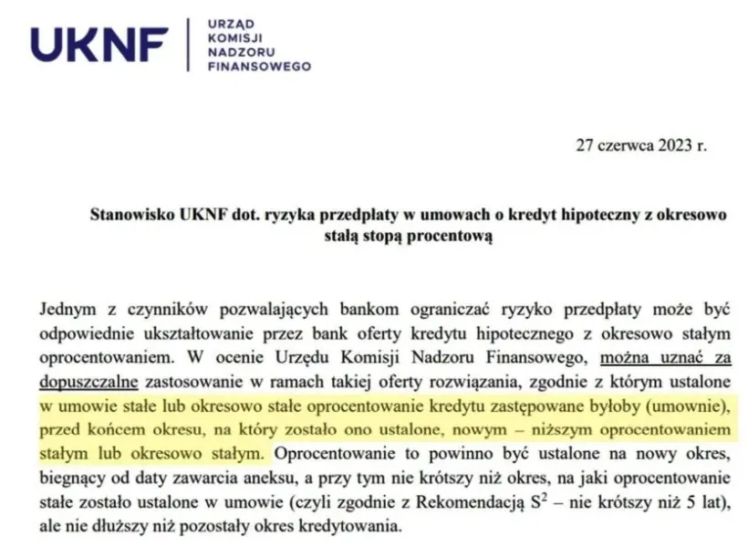 Stanowisko UKNF dot. ryzyka przedpłaty w umowach o kredyt hipoteczny z okresowo stałą stopą procentową