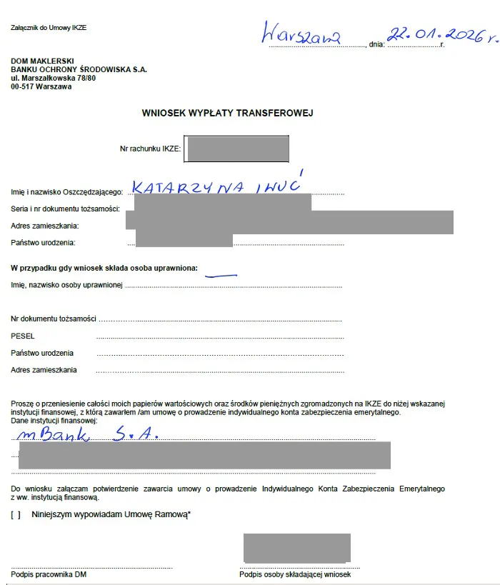 Wniosek wypłaty transferowej