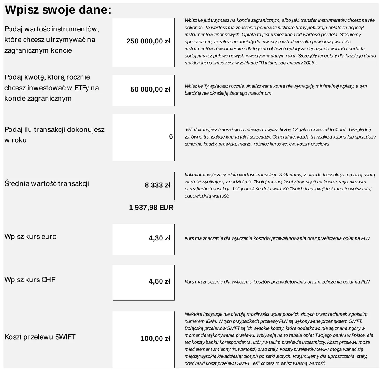 Kalkulator kosztów konta zagranicznego — Scenariusz III, duży kapitał