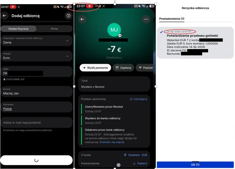 Dodanie odbiorcy przelewu i potwierdzenie transakcji w aplikacji bankowej