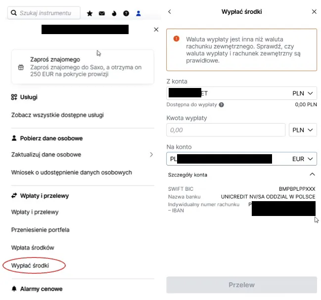 Menu „Wypłać środki” w SAXO Investor z komunikatem o niezgodności waluty