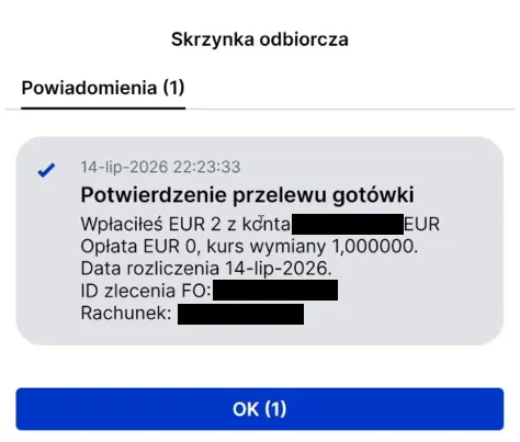 Powiadomienie z potwierdzeniem przelewu gotówki w SAXO Bank