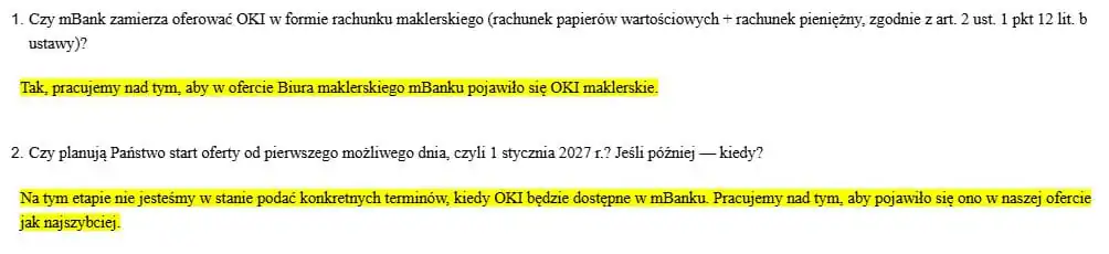 Odpowiedź Biura Maklerskiego mBanku na pytanie FBO o termin wprowadzenia OKI
