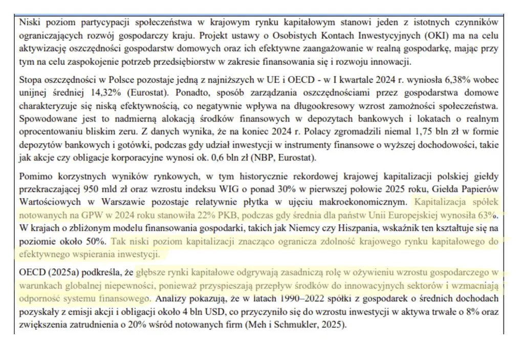 Fragment uzasadnienia ustawy o OKI – niski poziom partycypacji społeczeństwa w krajowym rynku kapitałowym