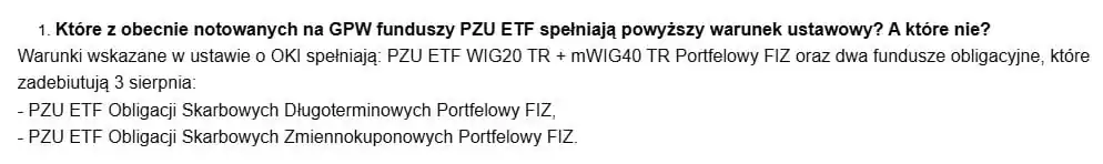 Odpowiedź PZU – które fundusze PZU ETF notowane na GPW spełniają warunek ustawowy OKI