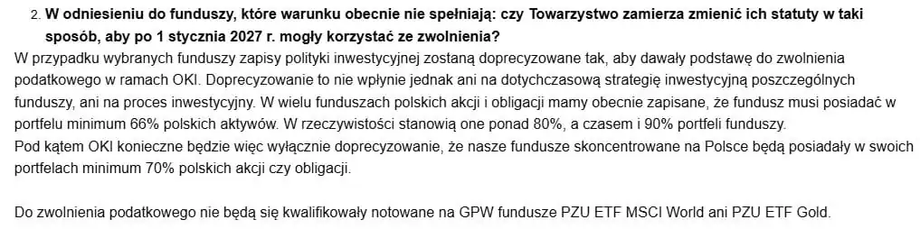 Odpowiedź PZU na pytanie FBO o dostosowanie statutów funduszy do warunków OKI