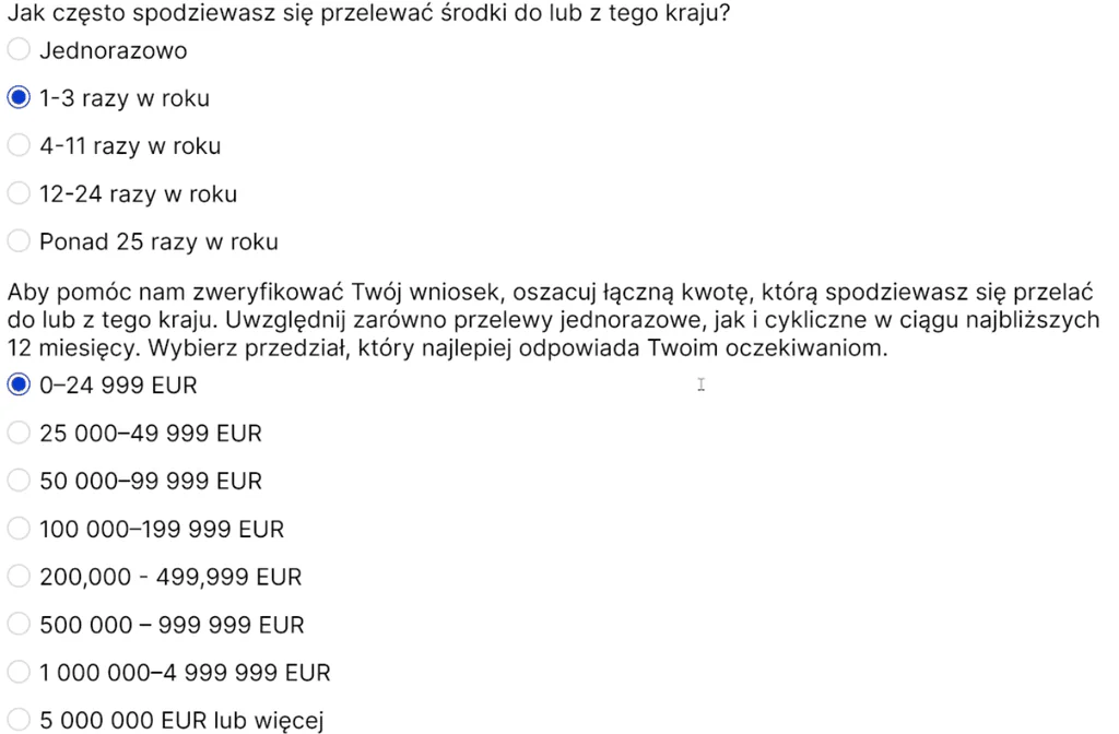 Deklaracja przewidywanej częstotliwości i kwoty przelewów w SAXO Bank