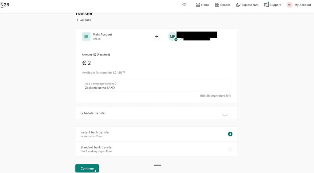 Ekran aplikacji bankowej przy realizacji przelewu zagranicznego do SAXO Bank
