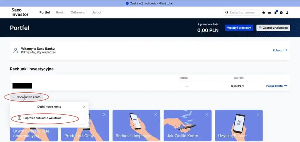 Pusty ekran portfela SAXO Investor zaraz po założeniu konta