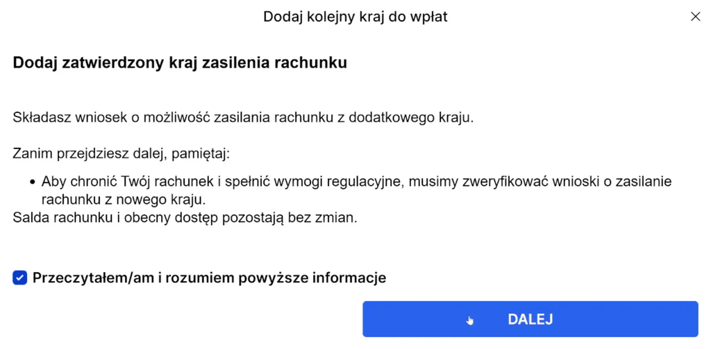 Formularz zatwierdzenia kolejnego kraju zasilenia rachunku SAXO Bank
