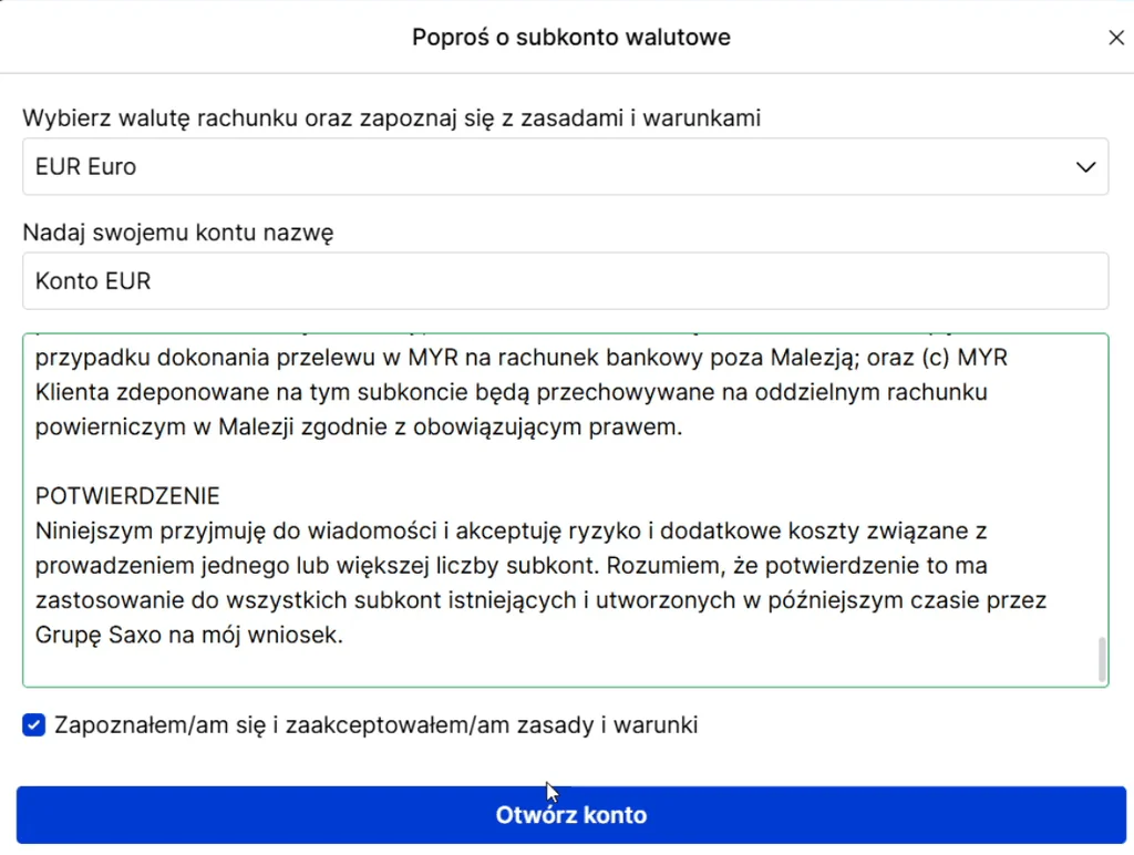 Formularz prośby o otwarcie subkonta walutowego w SAXO Bank
