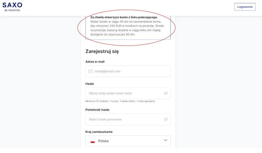 Formularz rejestracji w SAXO Bank – adres email i hasło