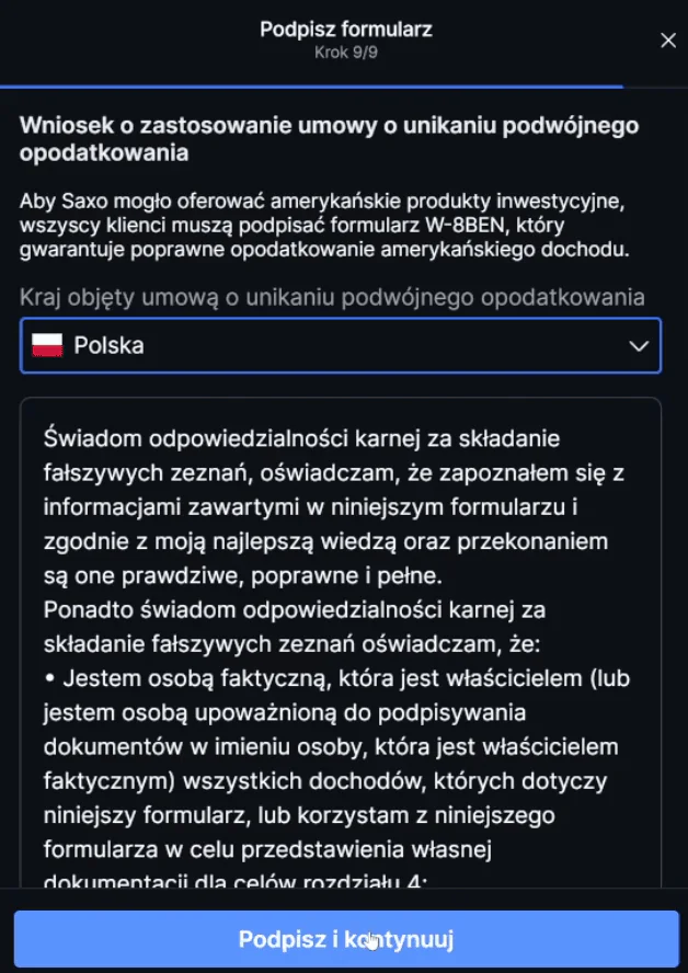 Formularz W-8BEN o unikaniu podwójnego opodatkowania w SAXO Bank