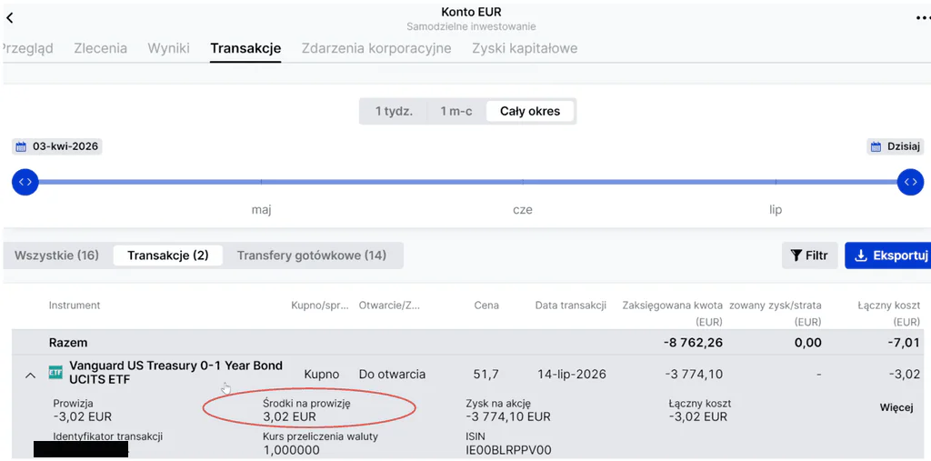 Historia transakcji w koncie EUR w SAXO Bank