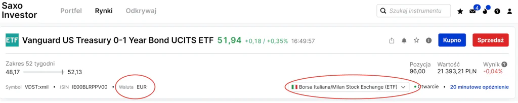 Karta funduszu ETF z cenami przed złożeniem zlecenia zakupu