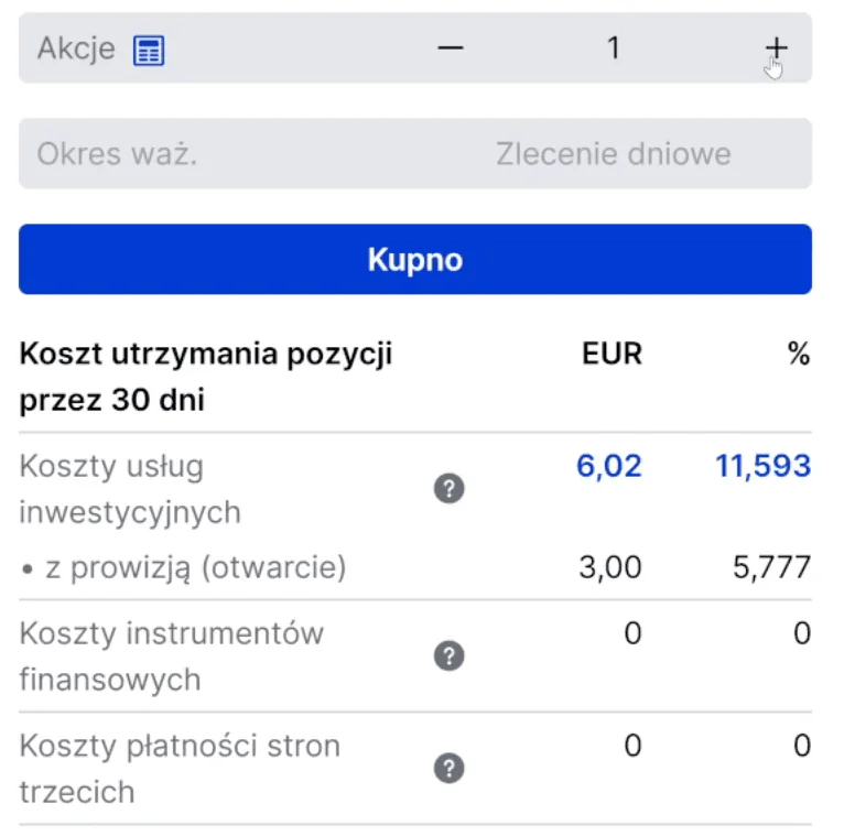 Tabela kosztów utrzymania pozycji w ETF przez 30 dni