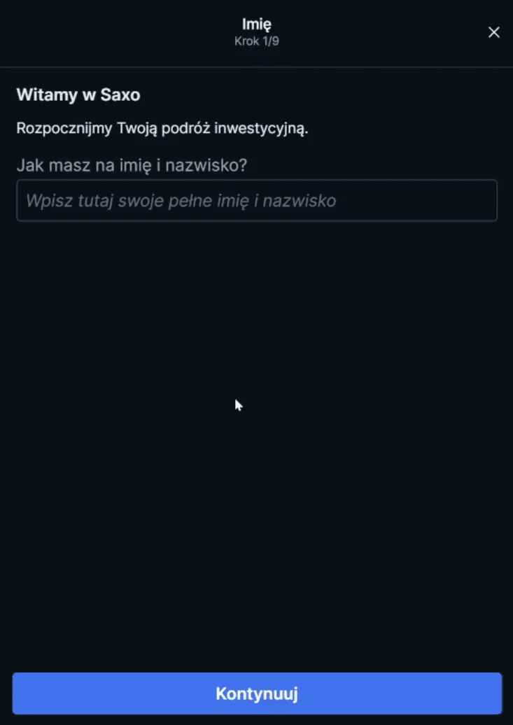 Wniosek o konto SAXO Bank – krok 1, wpisanie imienia i nazwiska