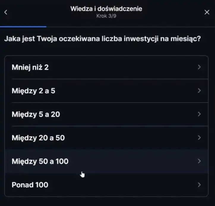 Wniosek o konto SAXO Bank – oczekiwana liczba inwestycji miesięcznie