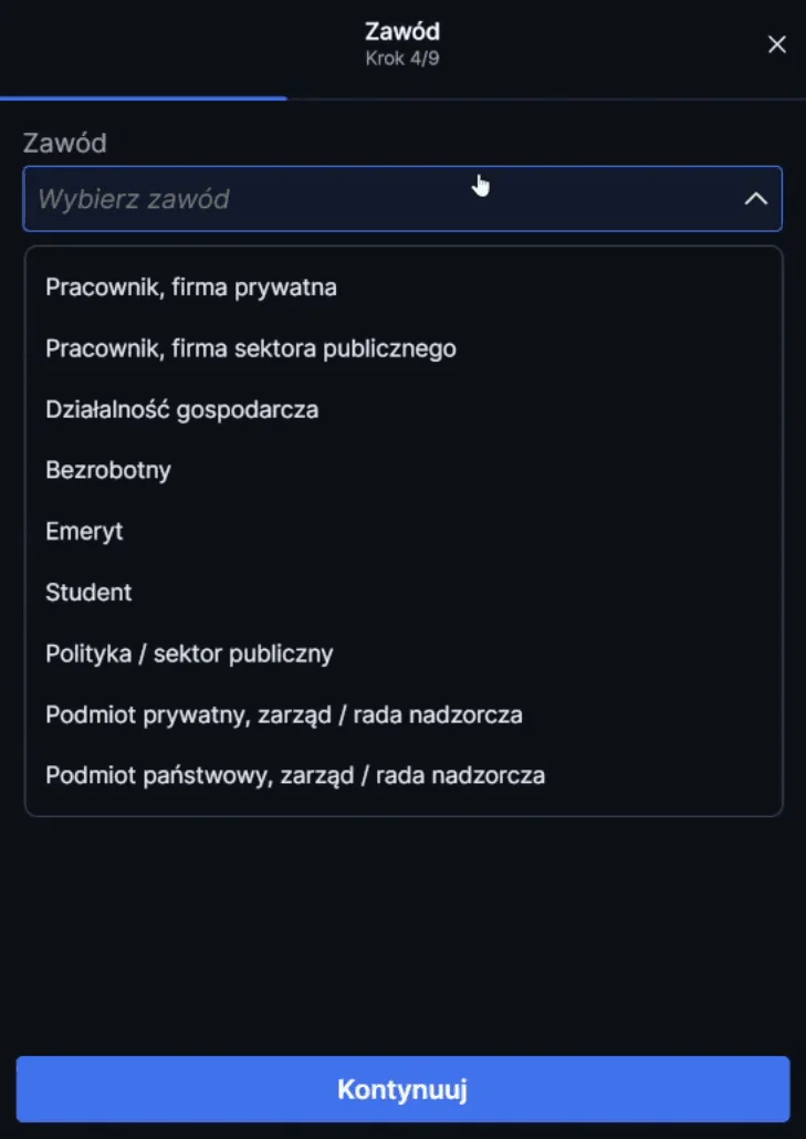 Wniosek o konto SAXO Bank – krok 4, wybór zawodu z listy