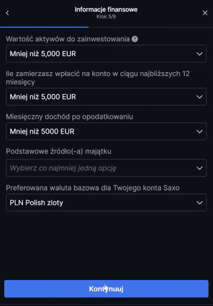 Wniosek o konto SAXO Bank – informacje finansowe i wybór waluty bazowej