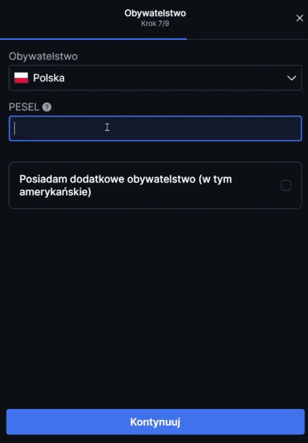 Wniosek o konto SAXO Bank – krok 7, obywatelstwo i numer PESEL
