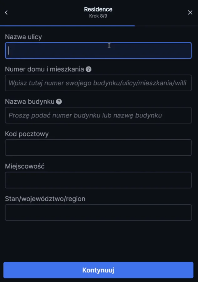 Wniosek o konto SAXO Bank – krok 8, adres zamieszkania