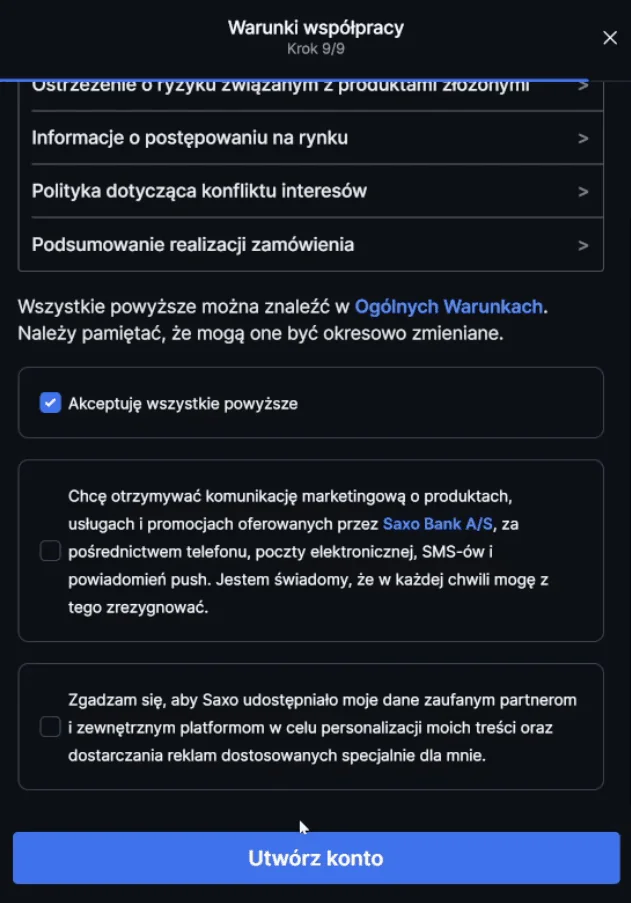 Wniosek o konto SAXO Bank – akceptacja warunków współpracy i utworzenie konta