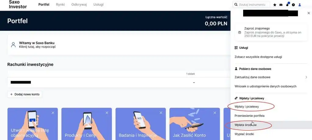 Menu użytkownika SAXO Investor z opcją wpłaty środków