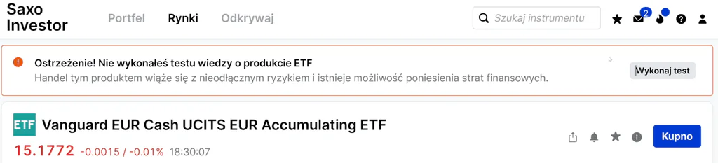 Ostrzeżenie o braku wykonanego testu wiedzy o produkcie ETF