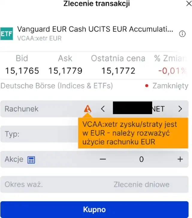 Ostrzeżenie o walucie rozliczenia zysku i straty na ETF