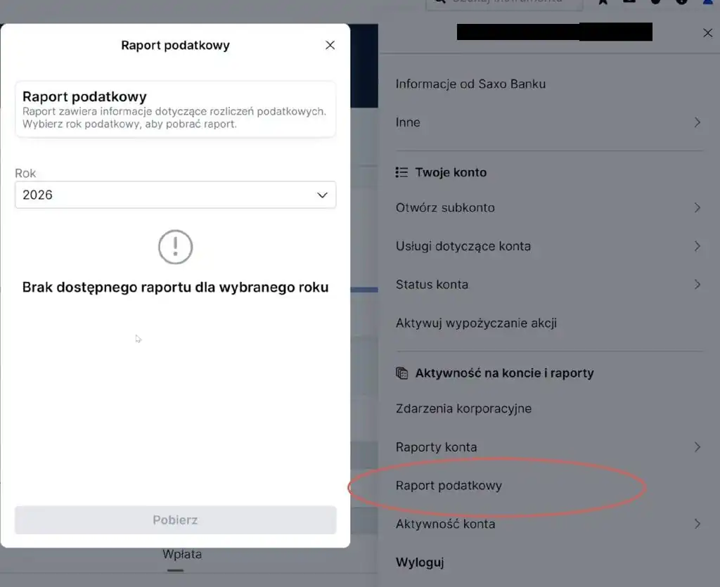 Pobieranie raportu podatkowego z menu konta SAXO Bank