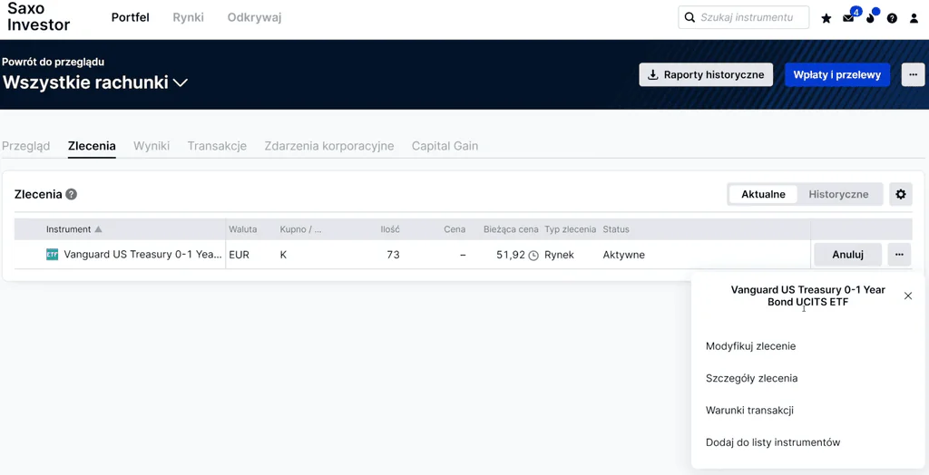 Podgląd aktywnego zlecenia giełdowego w portfelu SAXO Investor