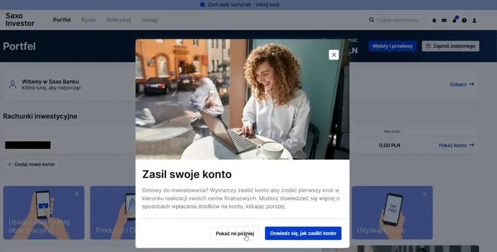 Ekran portfela SAXO Investor z podpowiedzią zasilenia konta